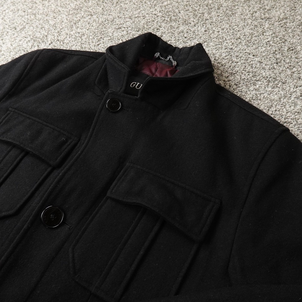 Guess Jacket Mens M Black Wool Blend Field Chore Coat Cargo Utility‎ Heavy Goth
